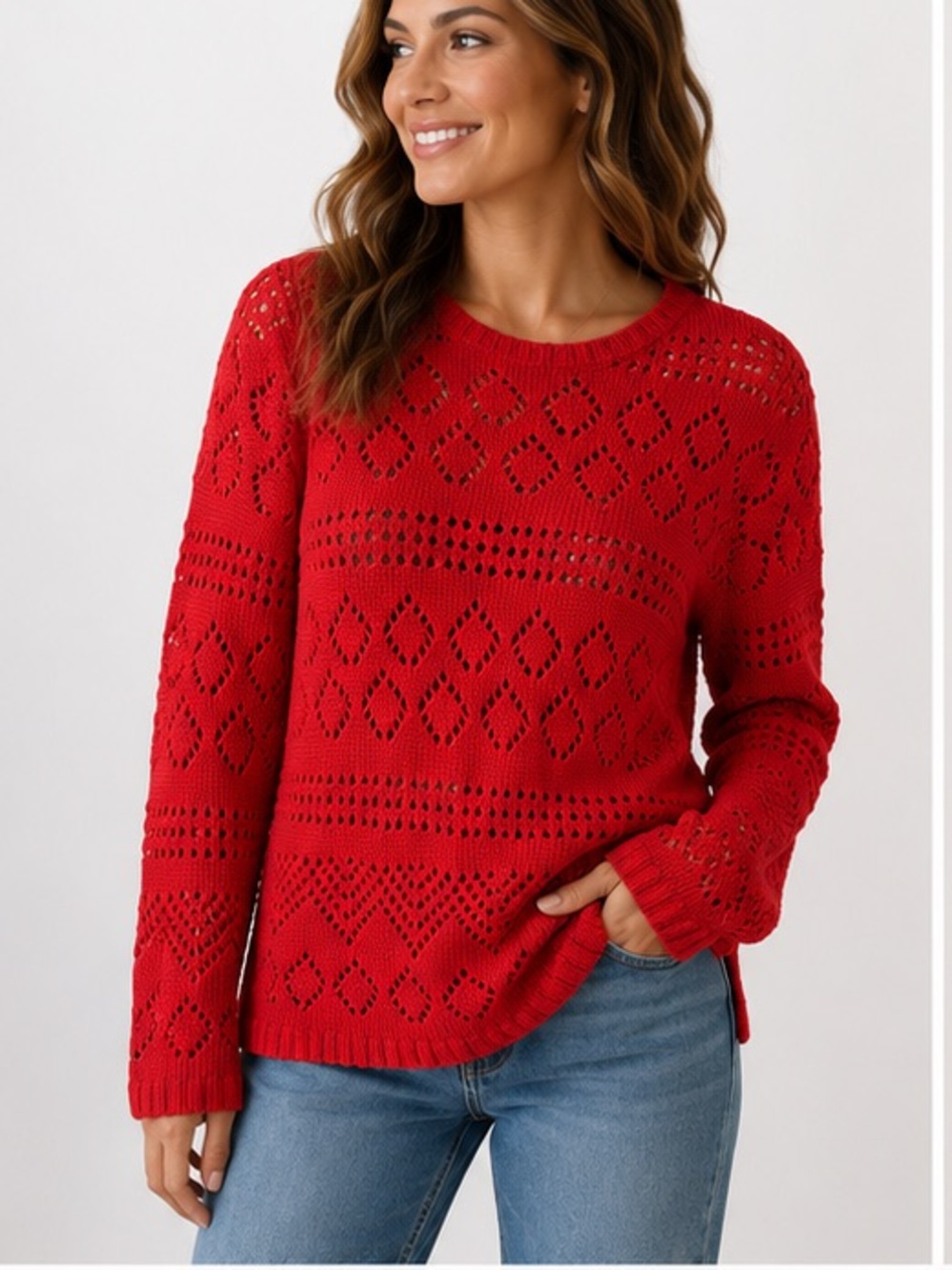 Talbots Red Open Knit Cotton Blend Pullover Sweater Size Large